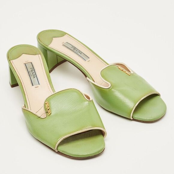 Prada Size 37.5 Green Saffiano Leather Slide Sandals - Picture 4 of 7